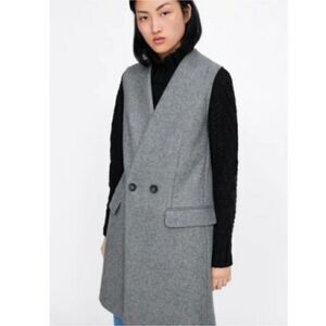 ZARA WOOL BLEND LONG VEST WITH POCKETS IN GREY XS